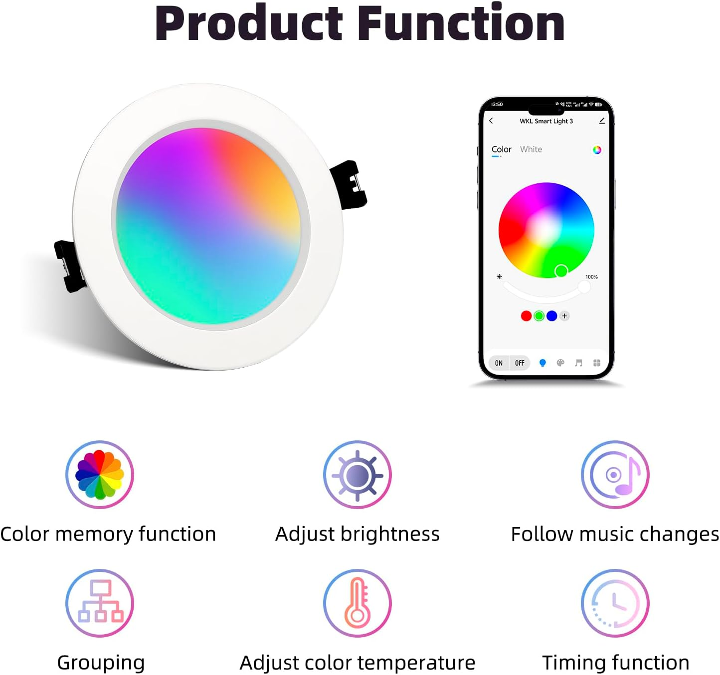 Arotelicht 10W Smart Recessed Downlight, Dimmable RGBW CCT 2700K-6500K, Bluetooth APP Control, 90-100Mm Cutout, 10W 700LM Eye Protection LED Ceiling Lights for Bedroom (RGB+CCT) image number 5