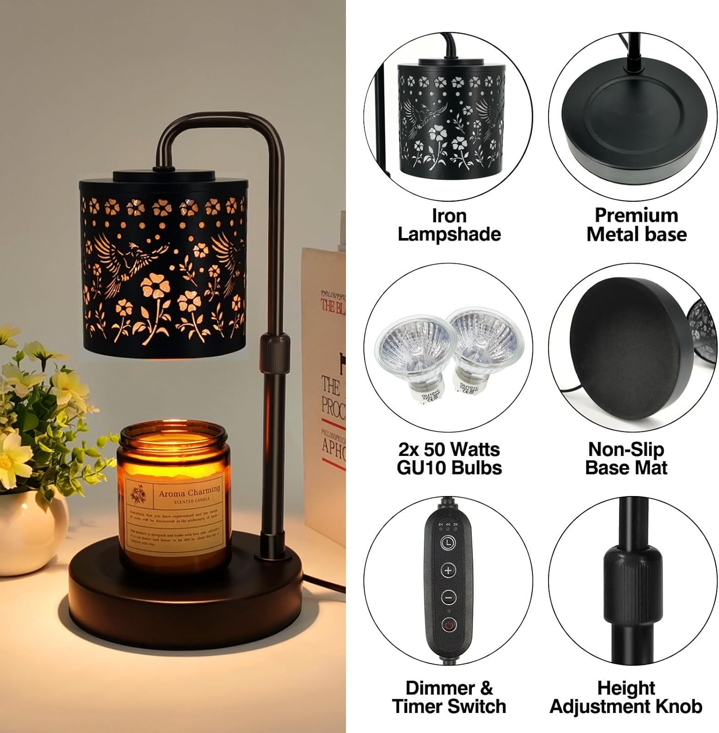 Candle Warmer Lamp with Timer & Dimmer, Adjustable Height Electric Wax Melt Warmer, Vintage Carved Craftsmanship for Scented Jar Candles, Mother&rsquo;S Day Gift, Home Decor image number 6