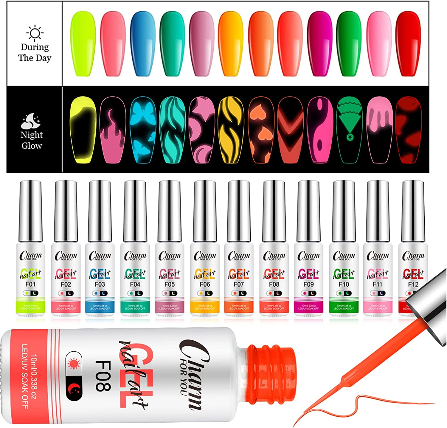 Glow in the Dark Gel Nail Polish, Neon Gel Paint Kit 12 Colors, Luminous Painting Drawing Gel Liner, Pulling Lines and DIY Nail Art, Gifts for Women image number 2