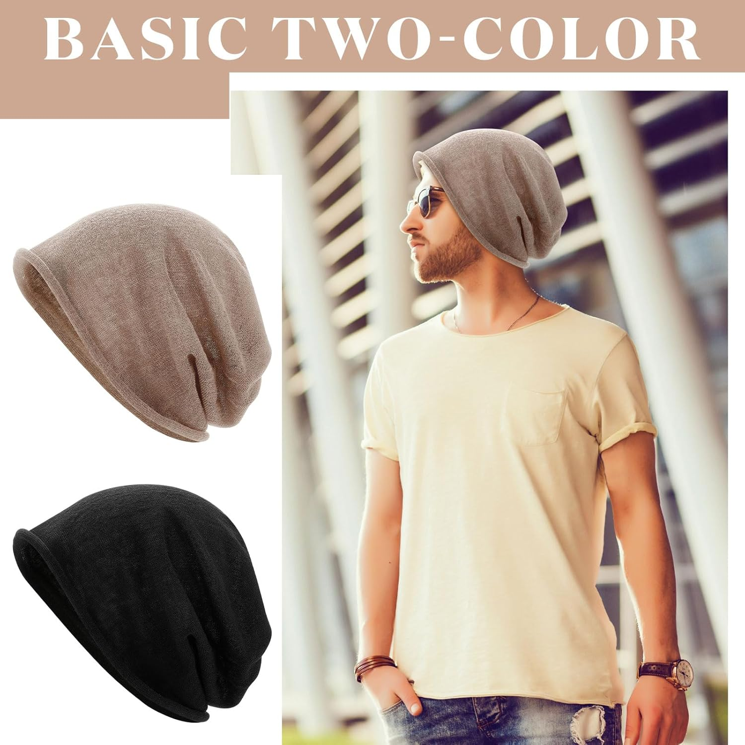 Chicingyou 2 Pack Linen Beanies Hats for Women & Men - Winter Slouchy Hat, Soft Natural Fiber Knit for Comfort, Beige & Black