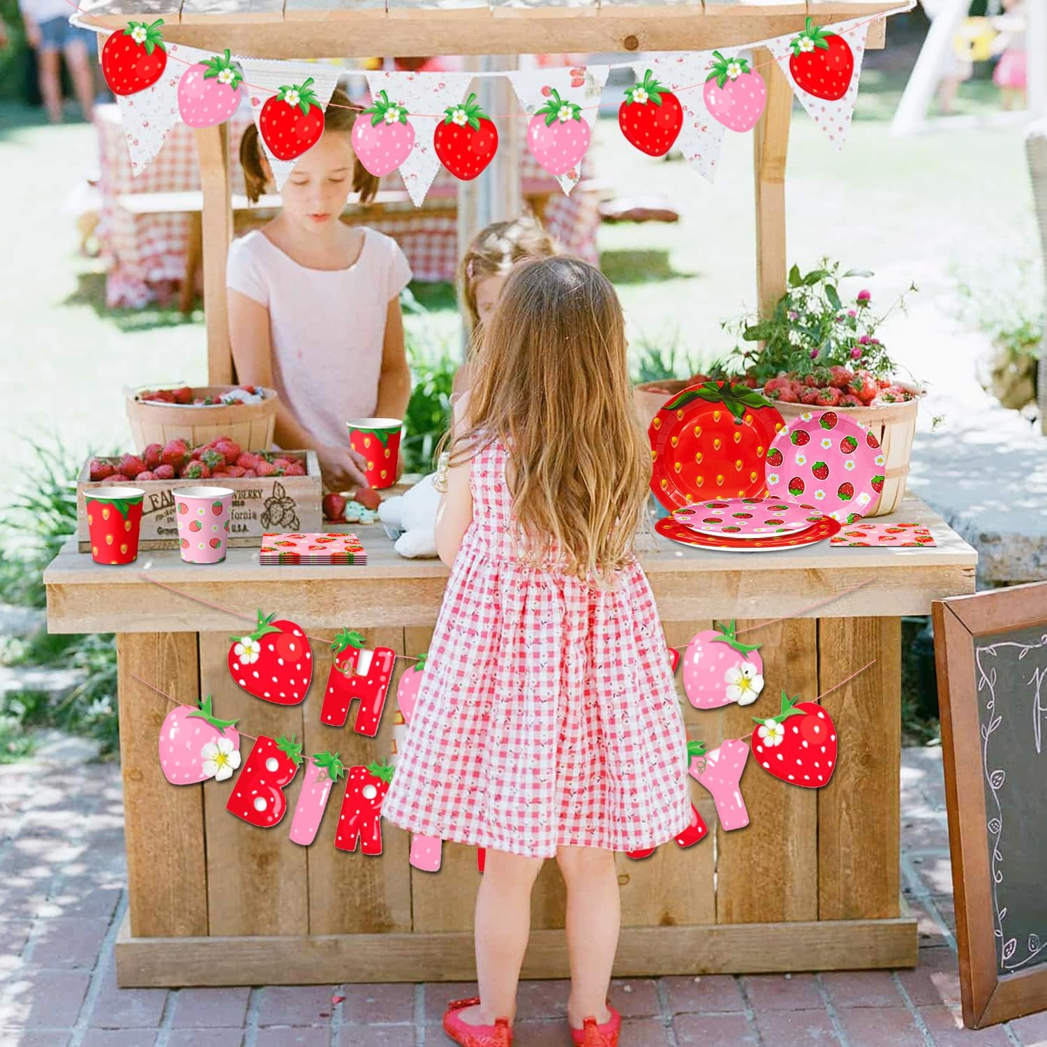 Strawberry Birthday Tableware, 91Pcs Strawberry Party Tableware Set - Strawberry Birthday Party Plates Napkins Cups Tablecloth Etc Strawberry Baby Shower Tableware for Strawberry Birthday Decorations image number 5