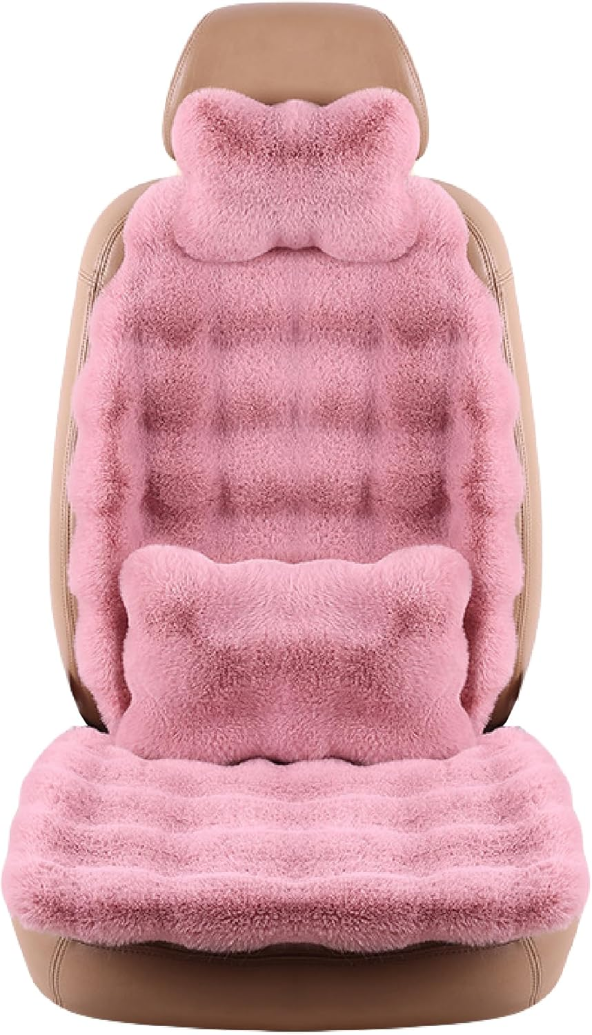 Fluffy Car Seat Covers, Front Seat Full Set Fuzzy Cushions, Soft Lumbar Support Cushion & Headrest Pillow for Pain Relief, Universal Fit Car Seat Cushion Seats Protector for Fatigue Relief (Wine Red)