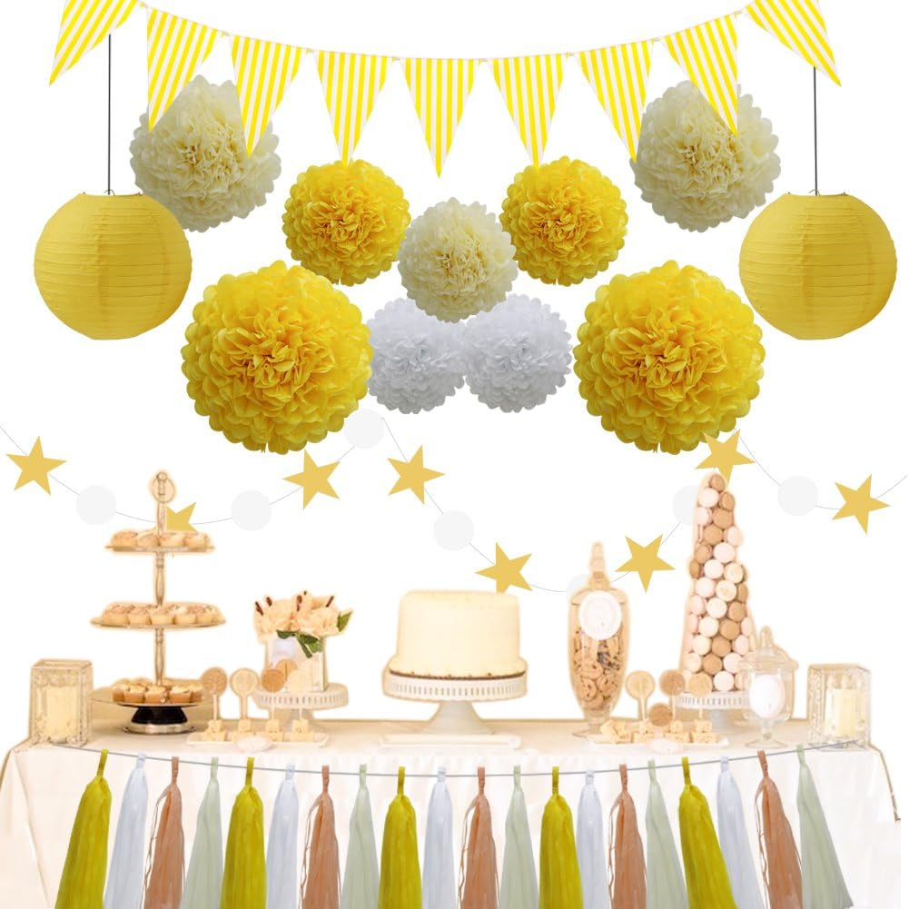 (Yellow) - 33Pcs Party Decoration Supplies Set, Yellow Tissue Paper Pom Poms Flowers Paper Lanterns Tassels Hanging Garland Banner Triangle Flag Bunting for Birthday, Bridal, Baby Shower, Wedding Graduation image number 1