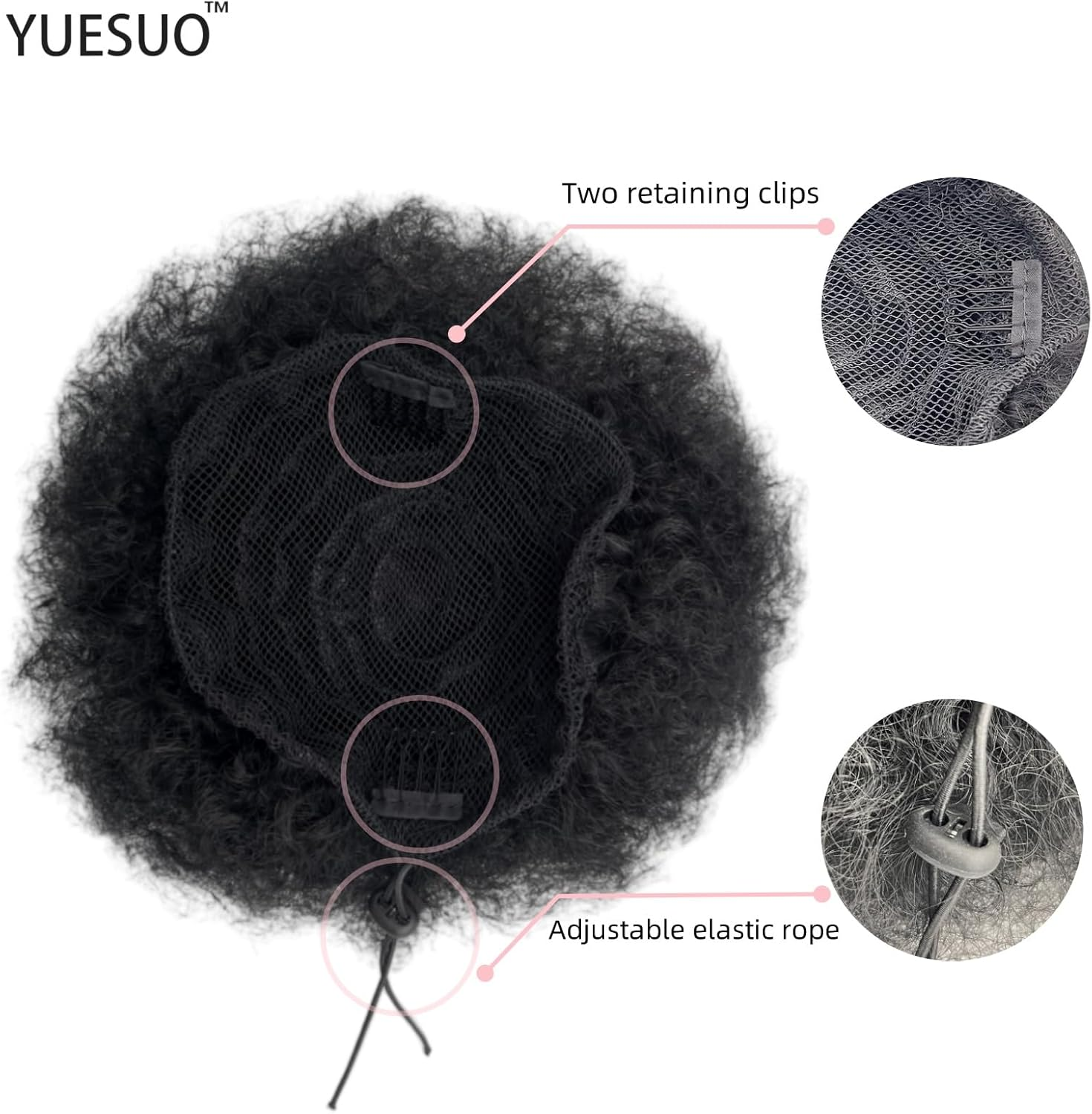 YUESUO Natural Ponytail for Women Synthetic Short Afro Bun Extension Hairpieces Drawstring Ponytail with Two Clips (Natural Black #1B) image number 3