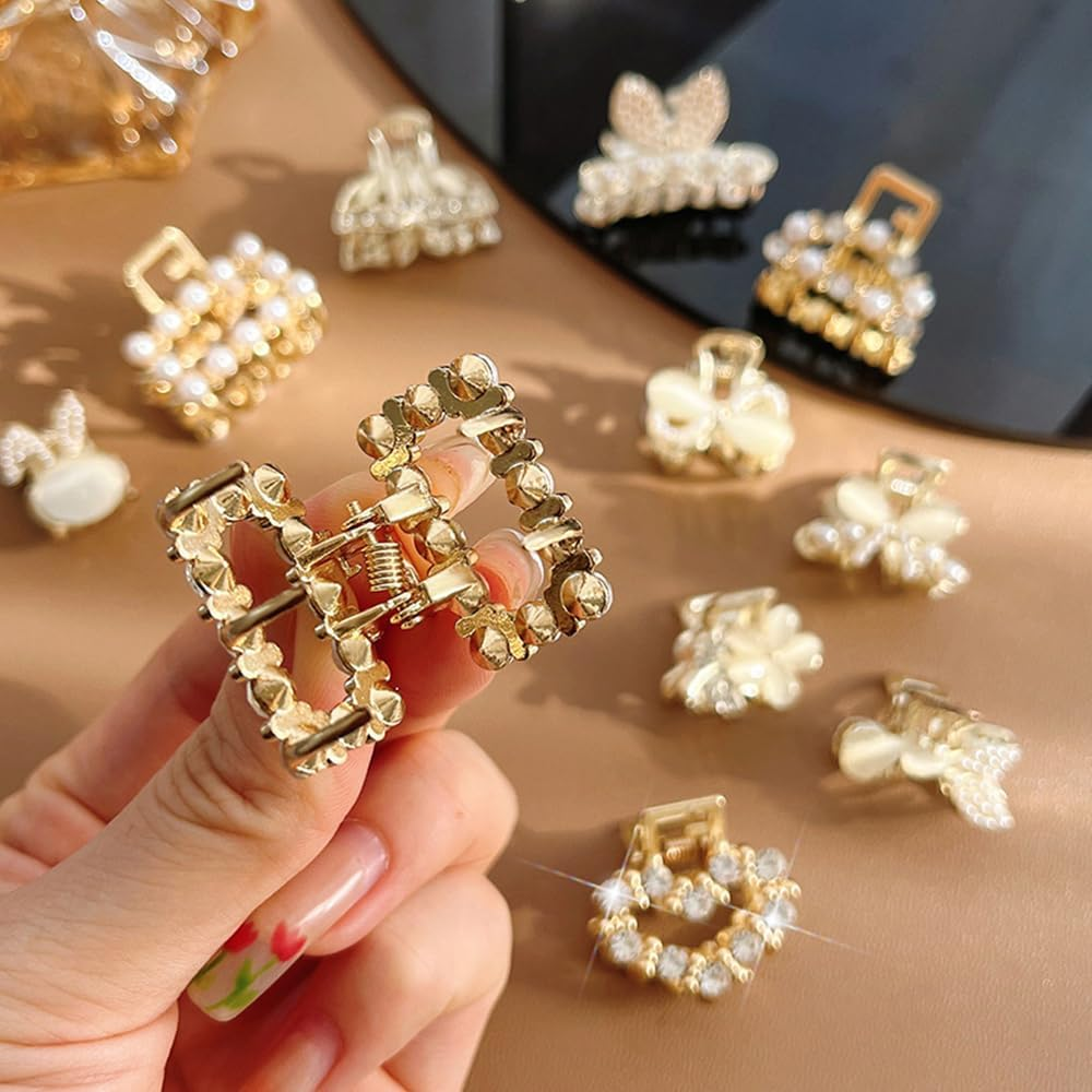 8Pcs Pearl Claw Clip Small Hair Clips for Women,Sweet Pearl Barrettes Various Styles Pearl Hair Claw Clips,Non-Slip Mini Claw Clips Gold Hair Clip Decorative Hair Accessories for Women Girl image number 6