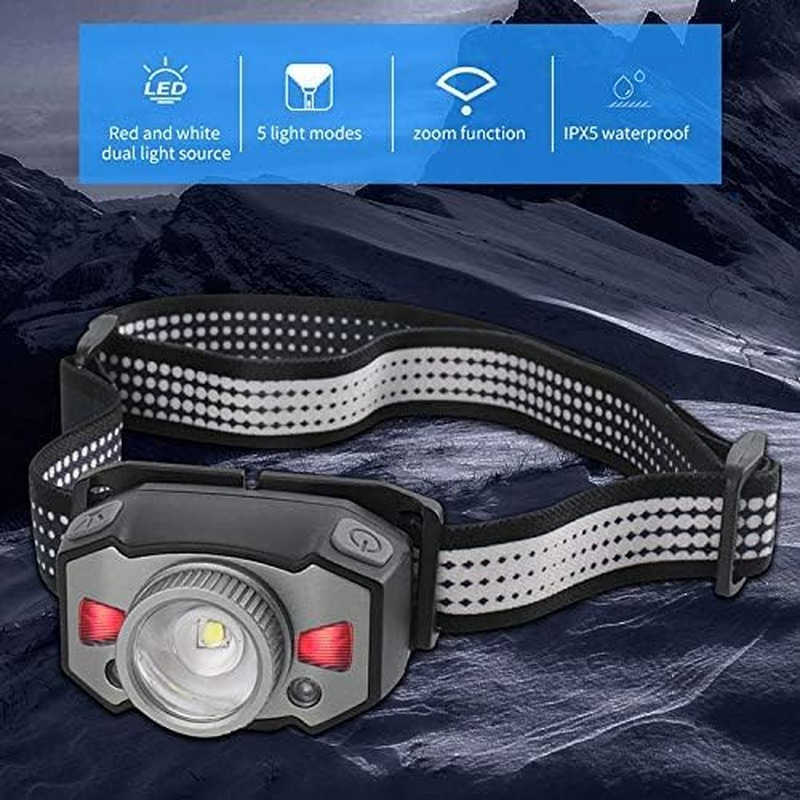 Vortex B33 Zoomable Motion Sensor USB Charging Outdoor Red Light Running Hiking Fishing Rechargeable LED Head Lamp image number 1