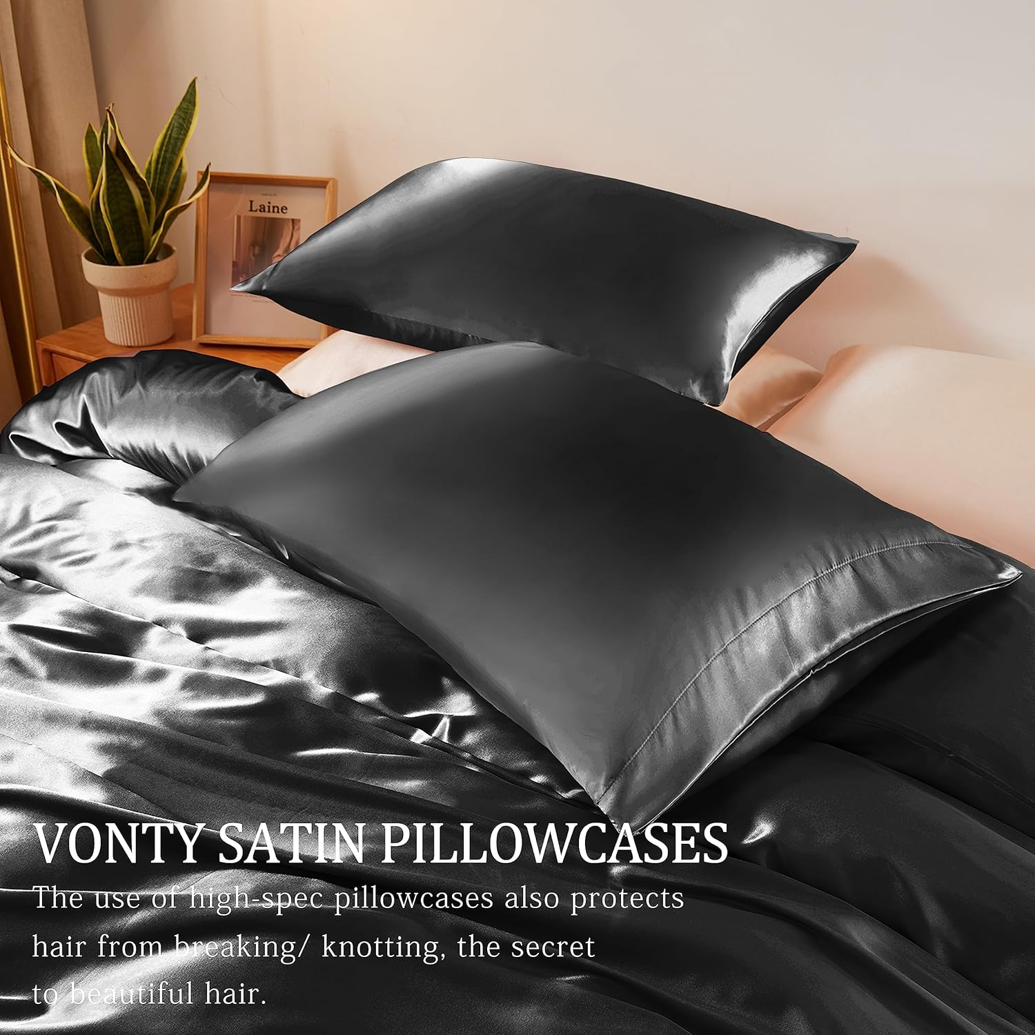Vonty 3-Piece Silky Satin Duvet Cover Set Full/Queen Size Comforter Cover, Organic Natural 400TC Black Duvet Cover Set - Luxury & Sexy Bedding Duvet Covers with Zipper Closure(No Comforter) image number 5