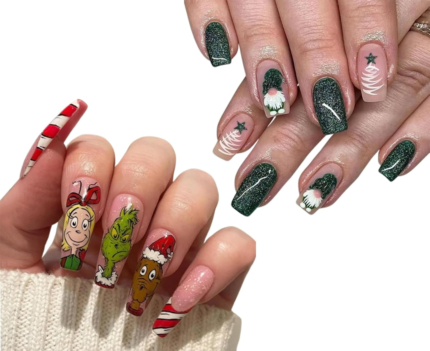 2 Sets Press on Nails Christmas Fake Nails Santa Claus Fake Nails Glitter Fake Nails Short Fake Nails Cartoon Anime Fake Nails Long Fake Nails Gifts for Women and Girls image number 2