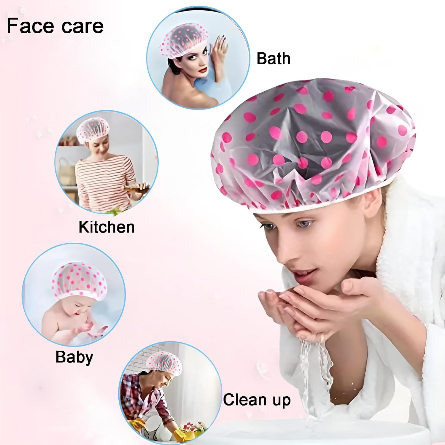 Rylaxzon 3Pcs Multi - Purpose Adjustable Polka Dot Shower Caps for Women, Kids and Baby Care - Waterproof Reusable for Bath, Face Care, Kitchen, Cleaning image number 2