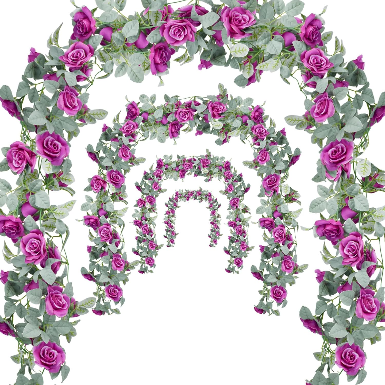 Bacucine Flower Garland Rose Vine 4Pcs 28FT Artificial Floral Garland with Green Leaves Hanging Rose Vine for Wedding Party Garden Home Wall Decor (White)