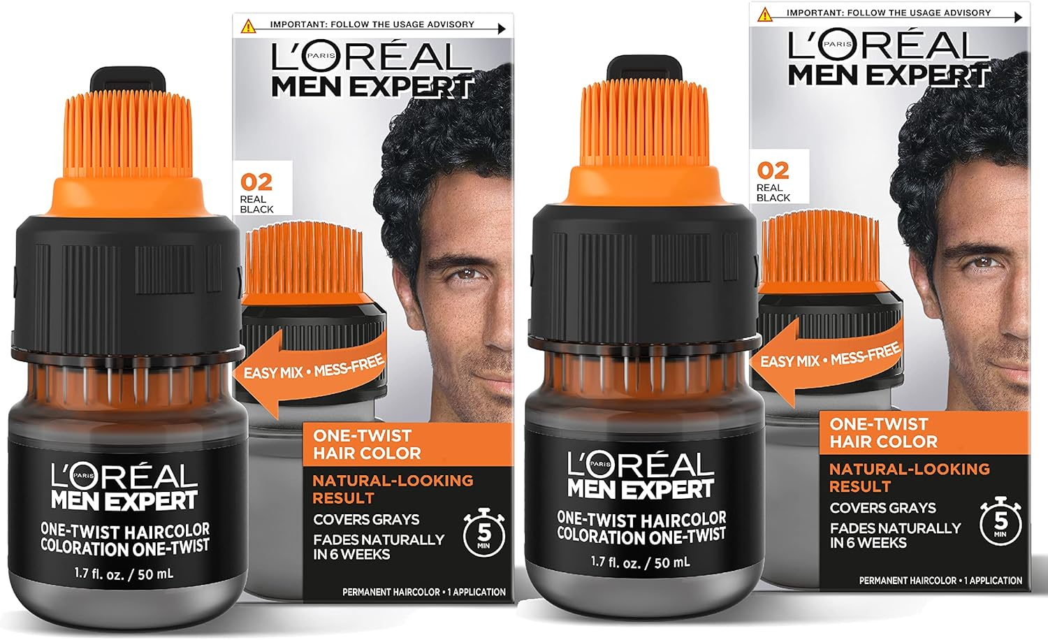 L&rsquo;Oreal Paris Men Expert One Twist Mess Free Permanent Haircolor, Covers Grays, Real Black 02, 1 Application Kit