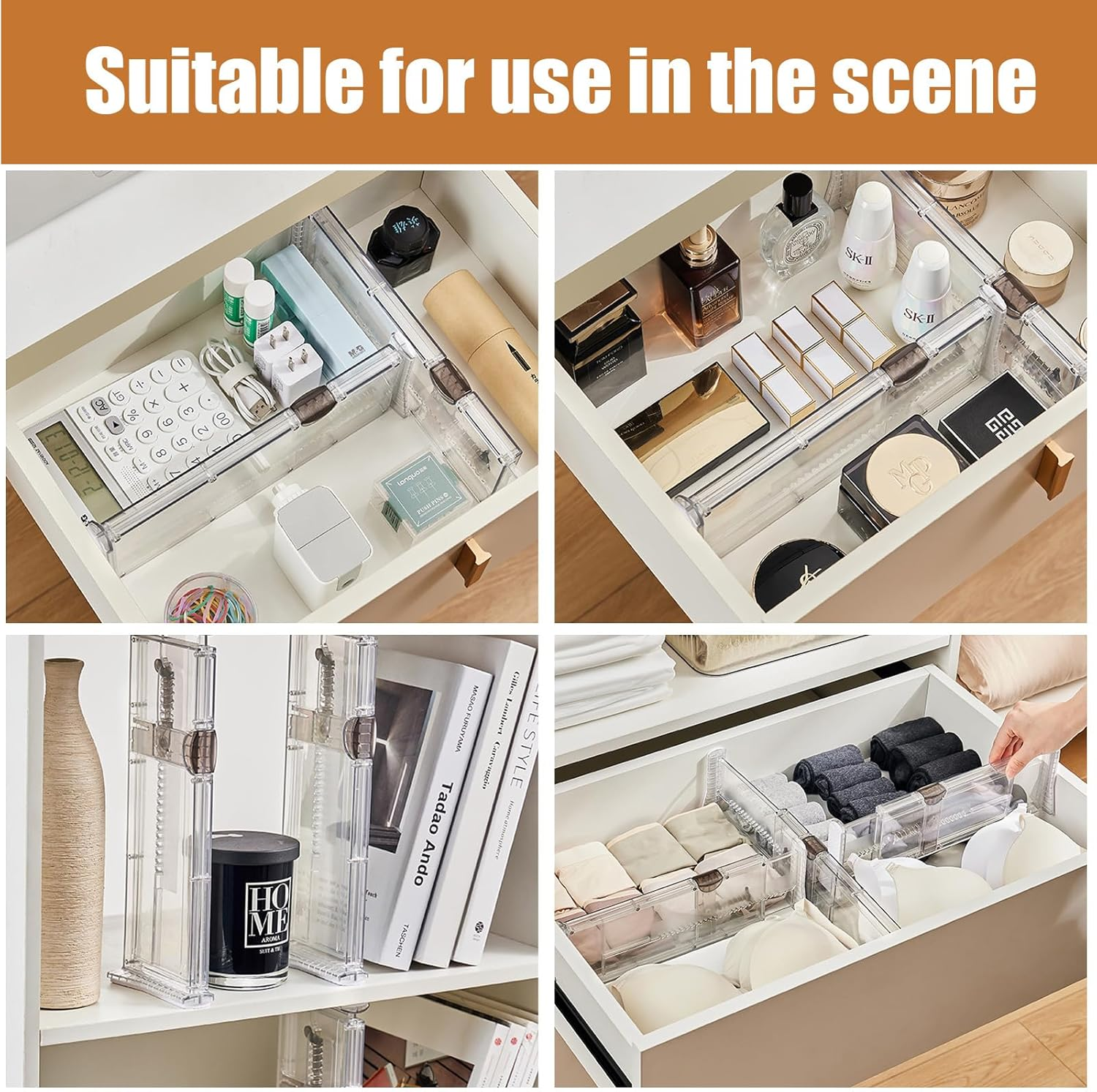 Drawer Dividers,5 Pack Adjustable 4" High Expandable from 14"-21" Clear Drawer Organizer,Drawers Separators with Foam Ends for Clothes, Kitchen Utensils, Bedroom, Bookcase image number 4