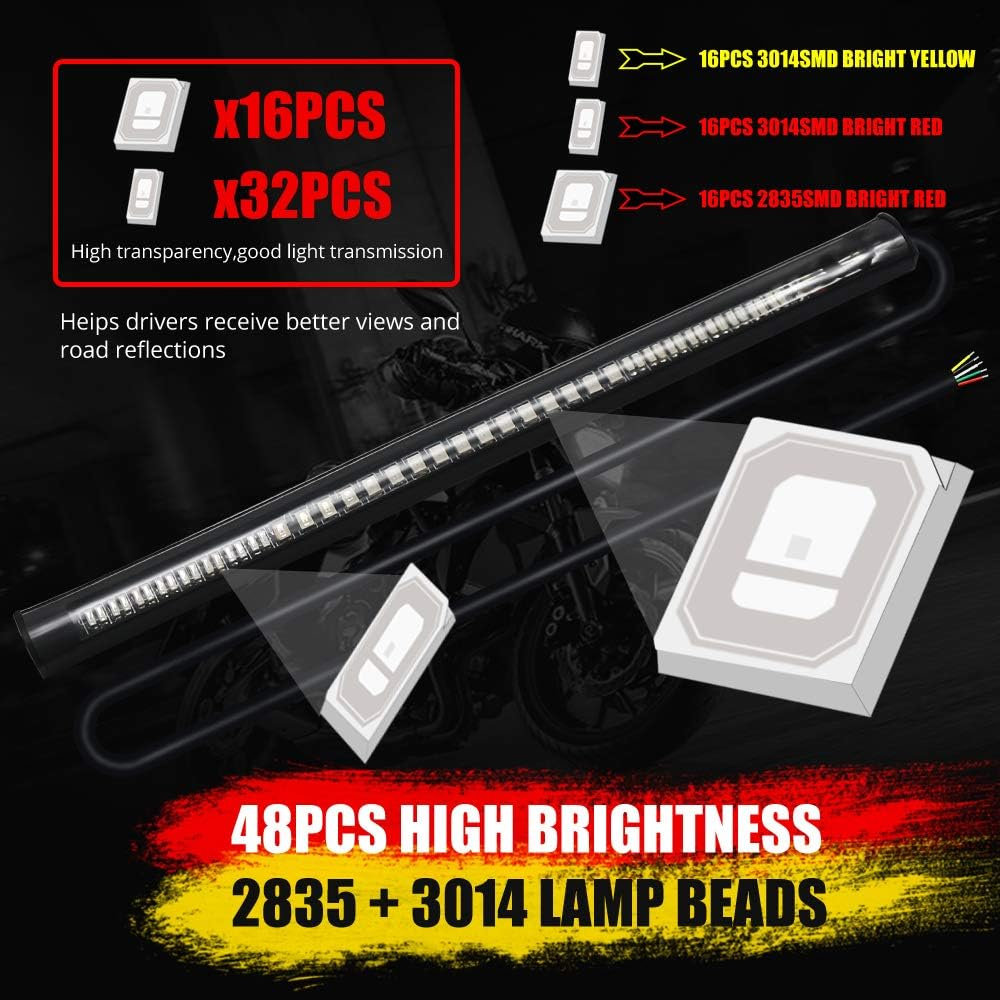 Universal Motorcycle Tail Lights 48 Leds Amber/Red Colors Brake Stop Turn Signal Flexible LED Strips for Davidson Harley,Motorbike,Atv,Rv,Suv,Car.(2-Pack). image number 5