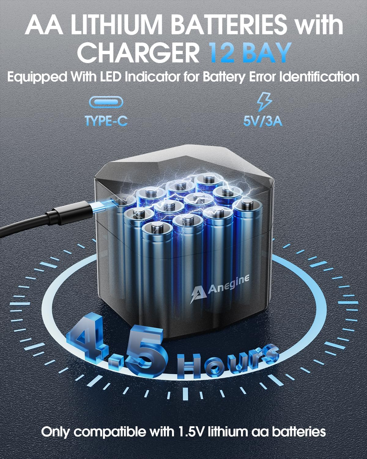 Rechargeable AA Batteries Lithium with Charger 12 Slot, 12 Pack 3600Mwh 1.5V Lithium Batteries AA Rechargeable, Long Lasting Double a Battery with 2000+ Cycles, Blue image number 6