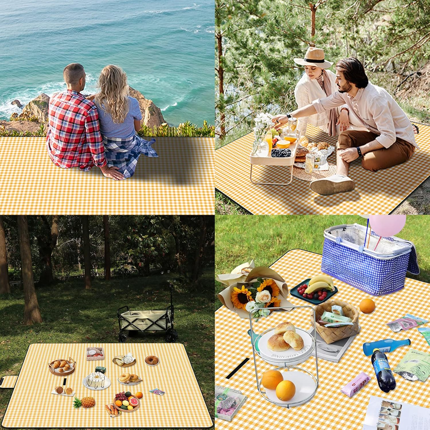 Picnic Blanket Waterproof Beach Rug Picnic Mat Washable Lightweight with Handle Yellow Checkered for Hiking Travelling Outdoor Camping,Parks,200Cm * 200Cm image number 5