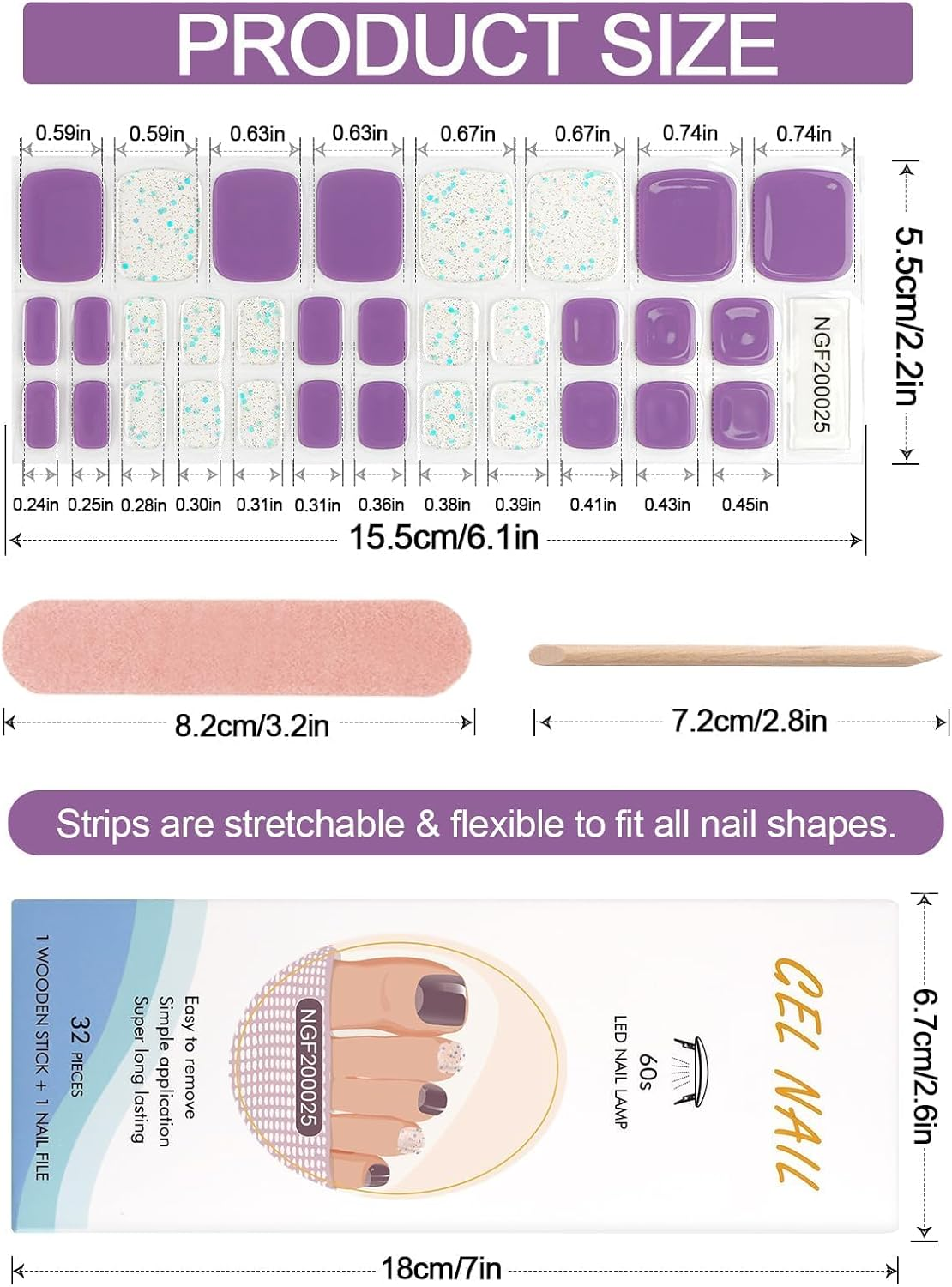 Kalolary Semi Cured Gel Toenail Strips,Toenail Stickers Pedicure Strips Long Lasting Salon Quality Nail Wraps with Nail File & Wood Stick(Uv/Led Lamp Required image number 6