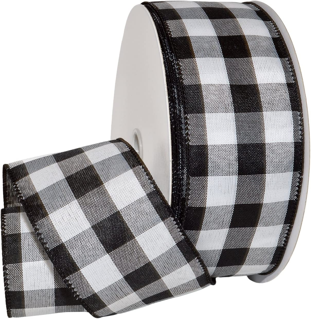 Morex Ribbon 7398.60/50-613 Cambridge 2.5" X 50 YD Wired Ribbon, Black and White, Buffalo Check Plaid Ribbon for Gift Wrapping, Christmas Decorations Indoor Home Decor, Craft Supplies & Materials image number 6