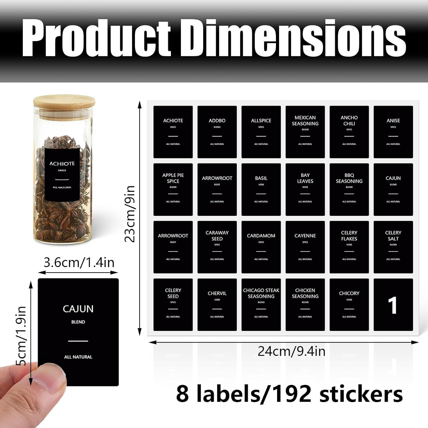 Spice Jar Labels, 192 Pcs Kitchen Jar Stickers, Seasoning Labels for round or Rectangular Jars 36 * 50Mm (Black) image number 2