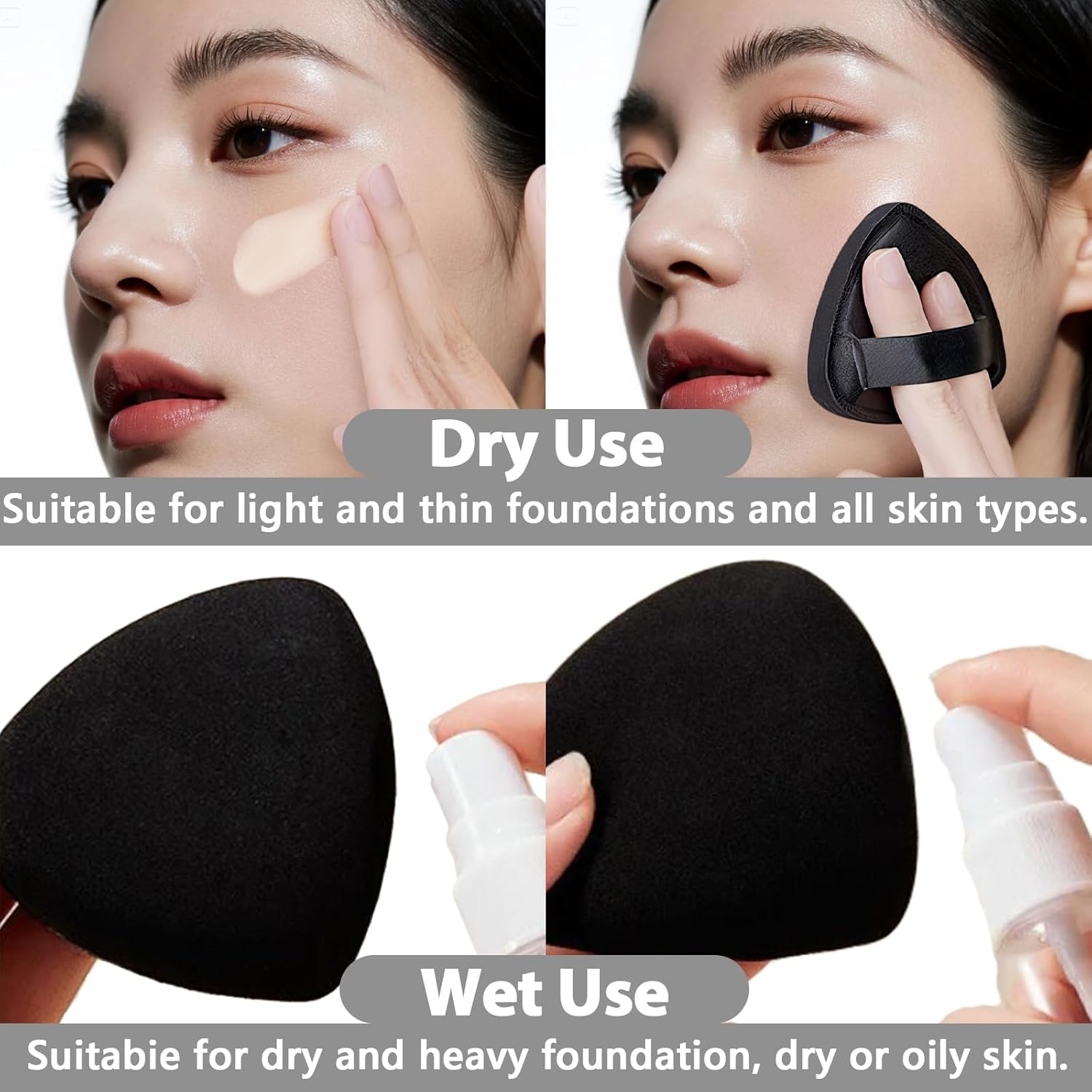 Wowled Pack of 4 Makeup Brush Set - Thin Flat Foundation Brush, Makeup Sponge Cosmetic Puff, Stainless Steel Mixing Palette & Spatula - Smooth & Flawless Application (Silver, Pack of 4 Pieces)