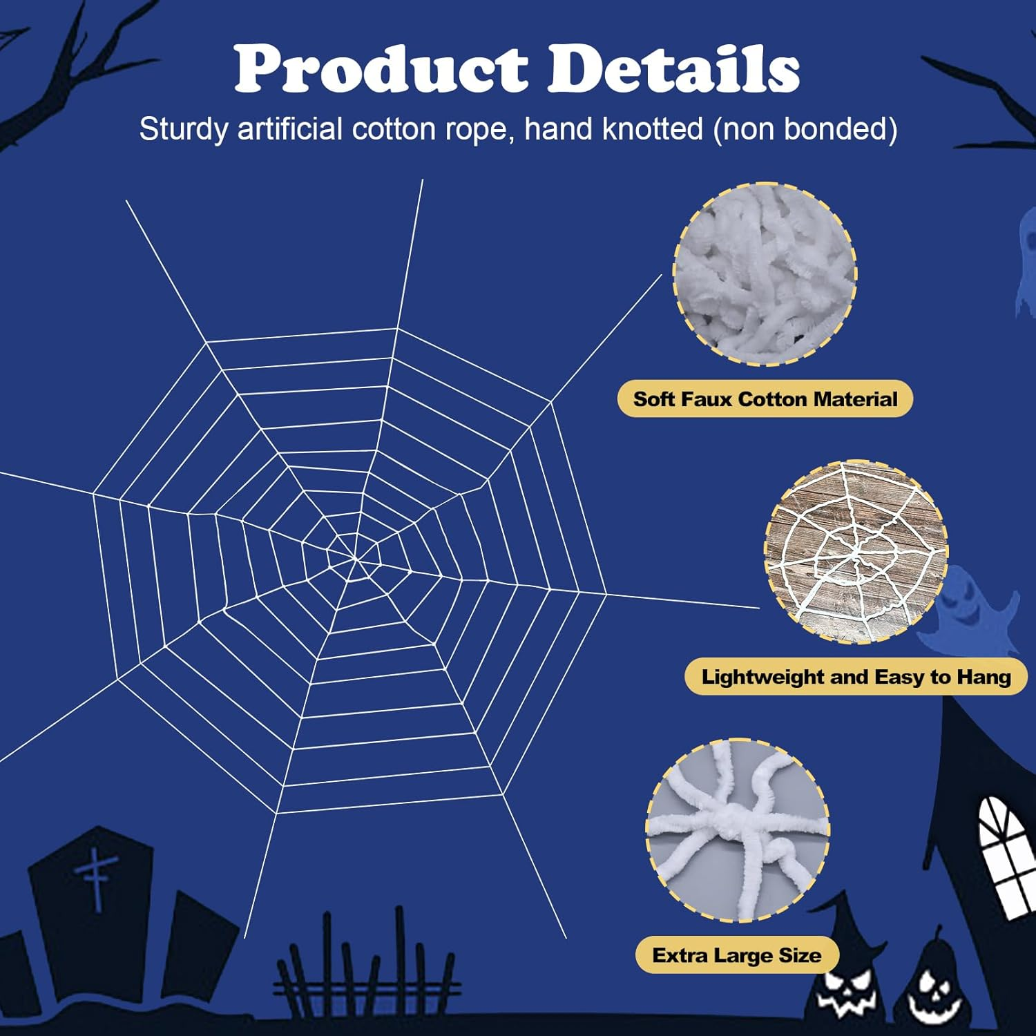 Giant Halloween Spider Web Decoration &ndash; Large round Stretchy Cobweb Rope Prop for Haunted House, Porch, Window, Indoor and Outdoor Party Decor image number 6