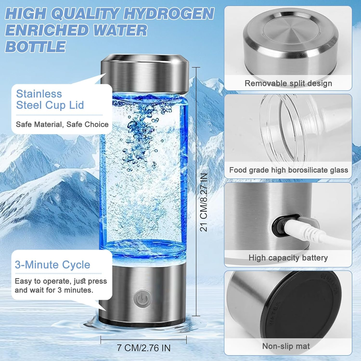 2025 New Hydrogen Water Bottle, Rechargeable Hydrogen-Rich Water Generator Machine with SPE PEM Technology,For Home Office Travel Fitness Drinking, Portable, Glass, Stainless Steel, 450Ml image number 6