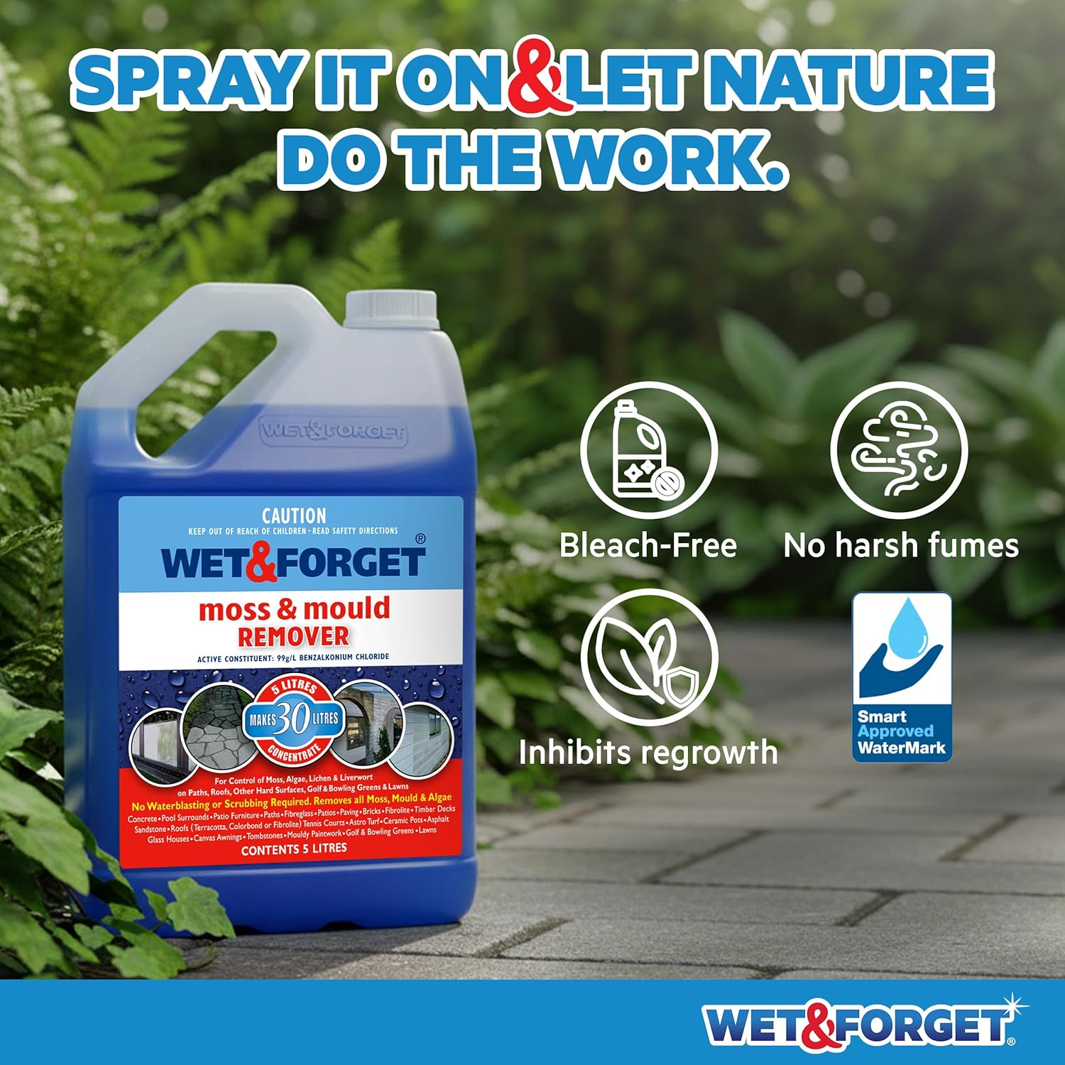 Wet & Forget Moss, & Mould Remover 5L &ndash; No Scrub Exterior Moss & Mould Removal for Roofs, Decks, Fences, Concrete, Patios, Brick & Cladding &ndash;, Bleach-Free Concentrate Formula image number 4