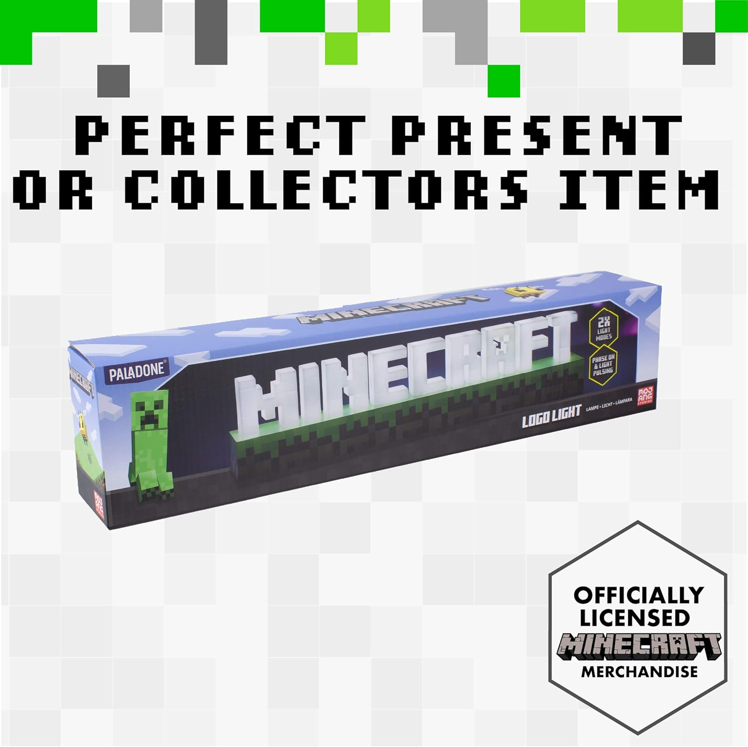 Paladone Minecraft Logo Light - Battery or USB Operated - 2 Light Modes - Officially Licensed Merchandise,White/Brown/Green