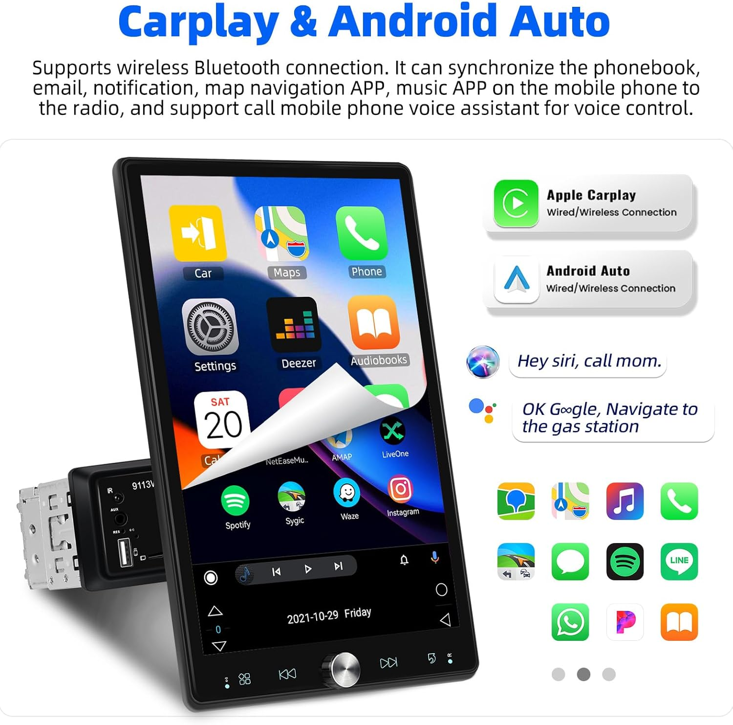 SIXTOP Single Din Car Stereo 10.4 Inch Touch Screen 180&deg;Rotate Vertical/Horizontal Screen Bluetooth Audio with Wireless Carplay & Android Auto Mirror Link FM Radio EQ USB+ AHD Camera & MIC image number 5