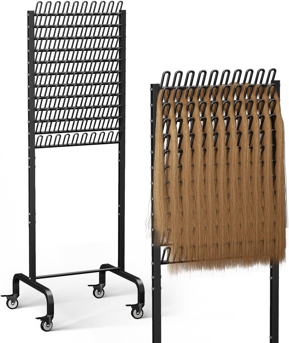 Tigerden 150 Pegs Braiding Hair Rack, Adjustable Hair Separator Stand with Wheels, Hair Extension Holder for Hair Stylists, Braiders, Home, Salon, Beauty School, Black
