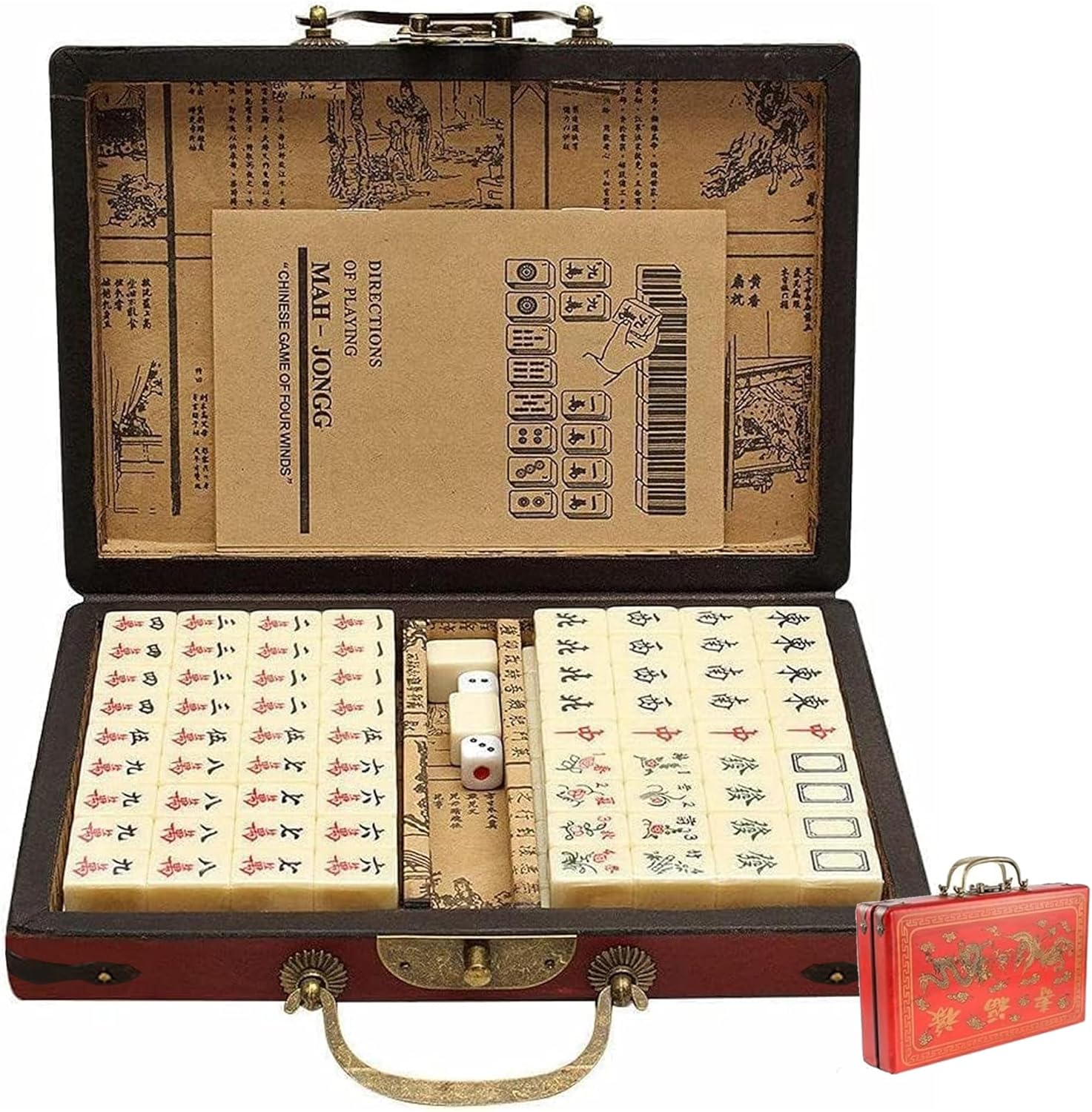 Classic Chinese Mahjong Game Set, 144 Mahjong Tiles and 2 Dice, with a Vintage and Exquisite Wooden Box, Clear Text, Suitable for Family Gatherings and Friends Gatherings image number 1