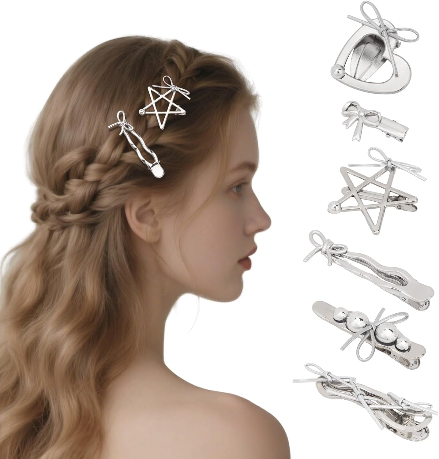 Bumlofa Pack of 6 Metallic Silver Ladies Hair Clips Bow Designs image number 6