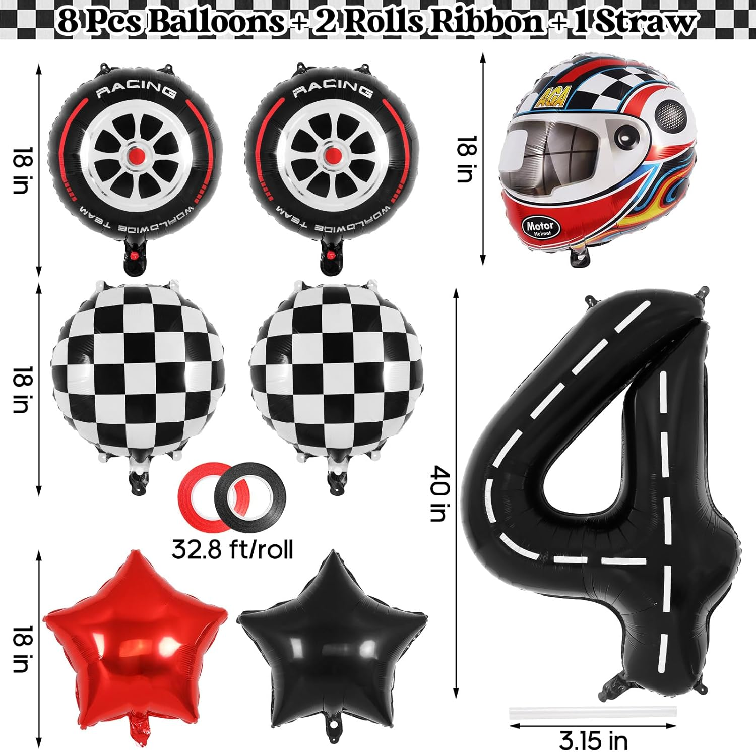 Race Car Birthday Balloons, Racetrack Number 4 Balloon, 40 Inch Large Foil Black 4 Balloon for 4 Year Old Birthday Race Car Themed Party Decoration