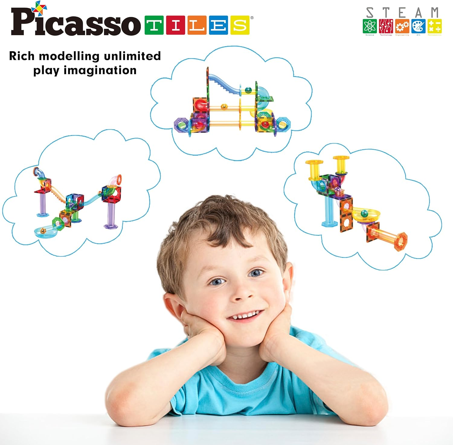 Picassotiles Marble Run 60 Piece Race Track Magnetic Tiles Magnet Building Block Educational Construction Toy Set Playset STEM Learning Kit Child Brain Development Handeye Coordination Training PTG60 image number 1