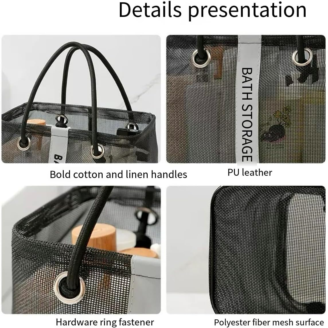 2 Pack Mesh Shower Caddy Tote, Black & Gray Bath Storage Organizer with Handles for Toiletries, Bathroom, Dorm, Travel