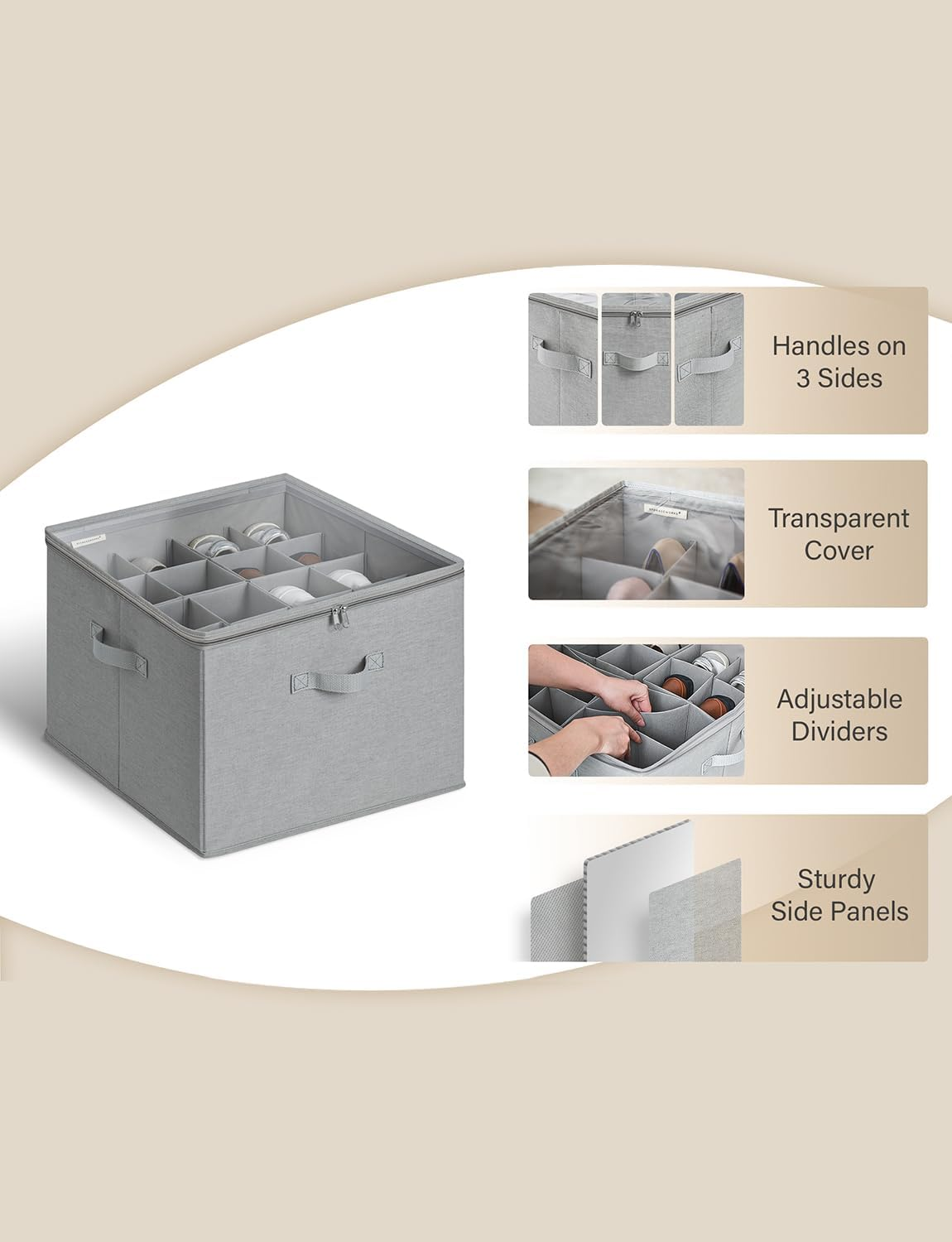 Storageworks Shoe Organizer for Closet, Fits up to 24 Pairs, Shoe Cubby Storage Containers with Adjustable Dividers and Clear Cover, Grey image number 2