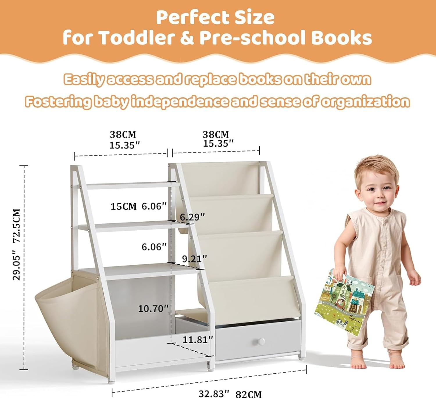 4 Tier Kids Bookshelf and Toy Storage, Toddler Book Display Shelves，Children Bookcase Organizer for Kids Room, Classrooms, Nursery, Bedroom, White, 85 * 30 * 75Cm image number 1