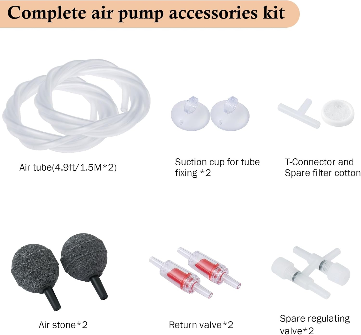 PYPABL Aquarium Air Pump Accessories Kit, 1.5M Standard 4Mm Air Tubing, Check Valves, Air Stones, Suction Cups, Regulating Valves, Connector, Suitable for Common Fish Tank Air Pumps image number 5