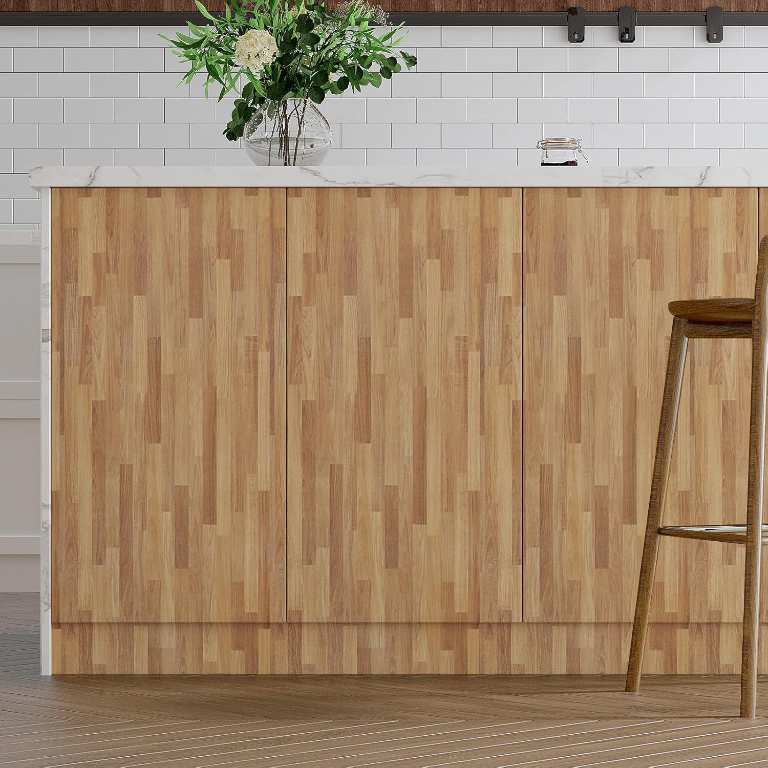 Varypaper Light Brown Patchwork Wood Panel Wallpaper 60Cmx400Cm Wood Vinyl Wrap for Kitchen Worktop Cupboards Sticky Back Plastic Roll Wooden Panelling Wallpaper for Living Room Bedroom Furniture Wrap image number 4