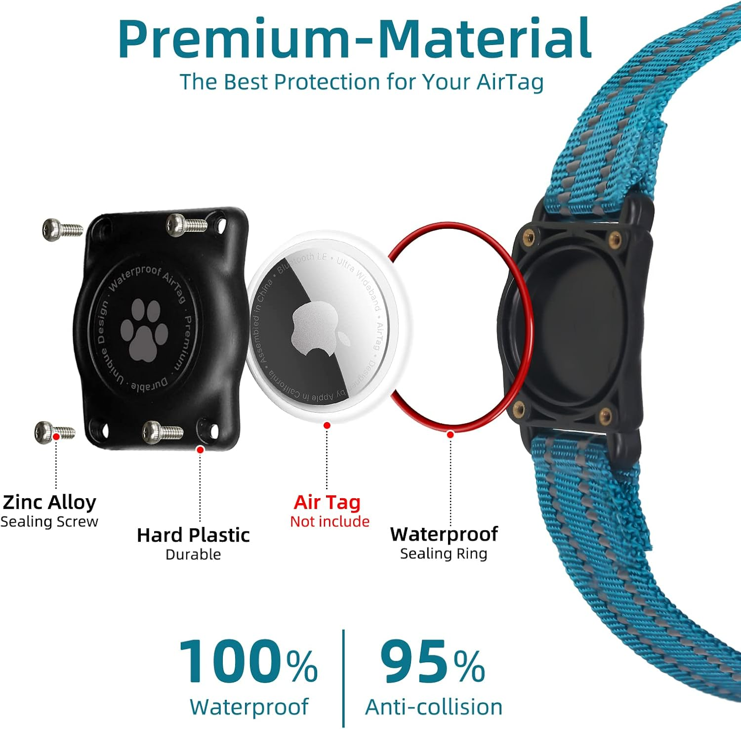 Airtag Dog Collar, 100% Waterproof Integrated Apple Air Tag Dog Collars, Reflective GPS Dog Collar with Hard PC Airtag Holder Case for Small Medium Large Dog