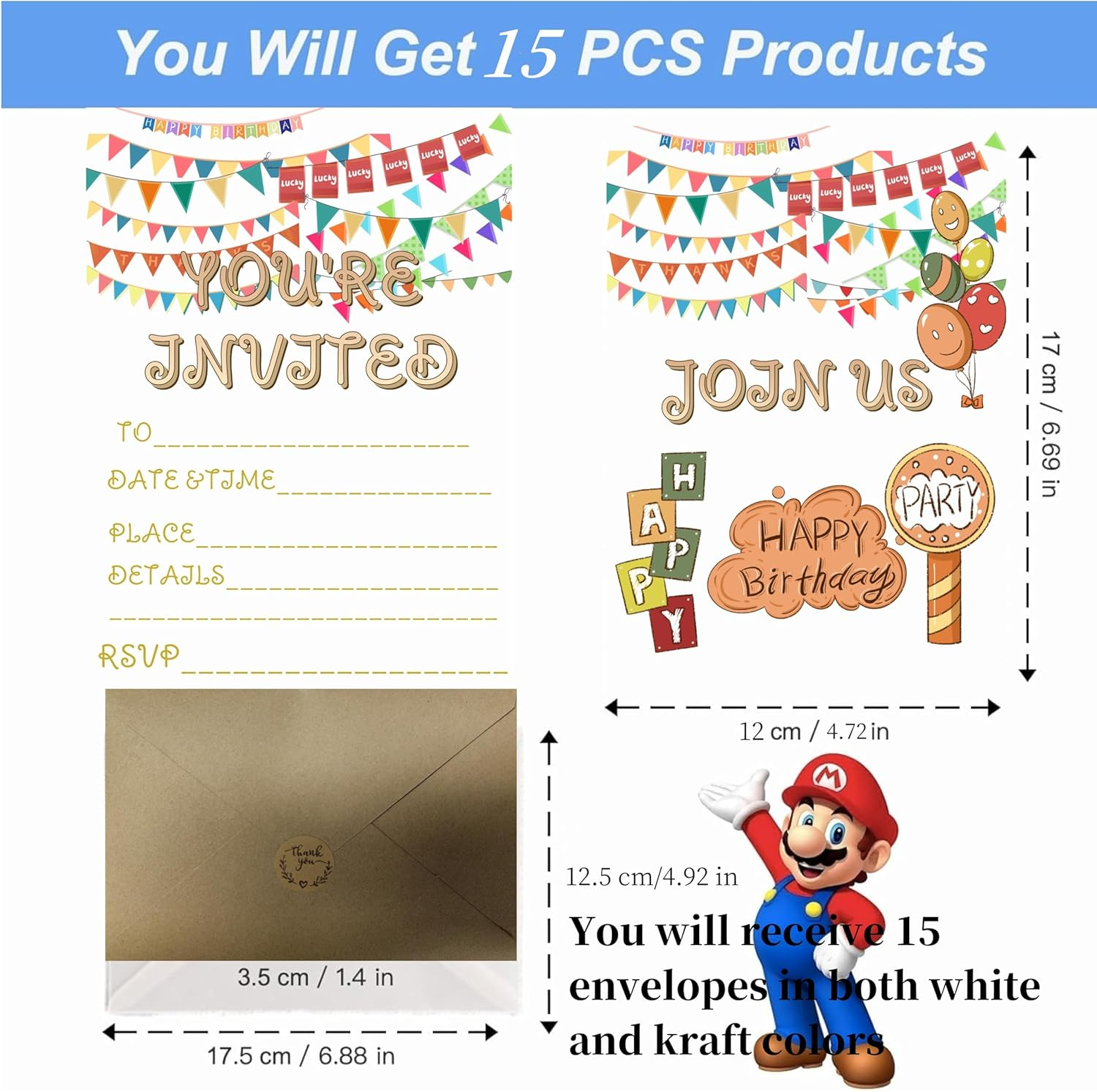 15 Birthday and Party Invitation Cards with Envelopes,Uniquely Designed Birthday Cards for Children,Men, Women and Kids (Champagne Gold) image number 6