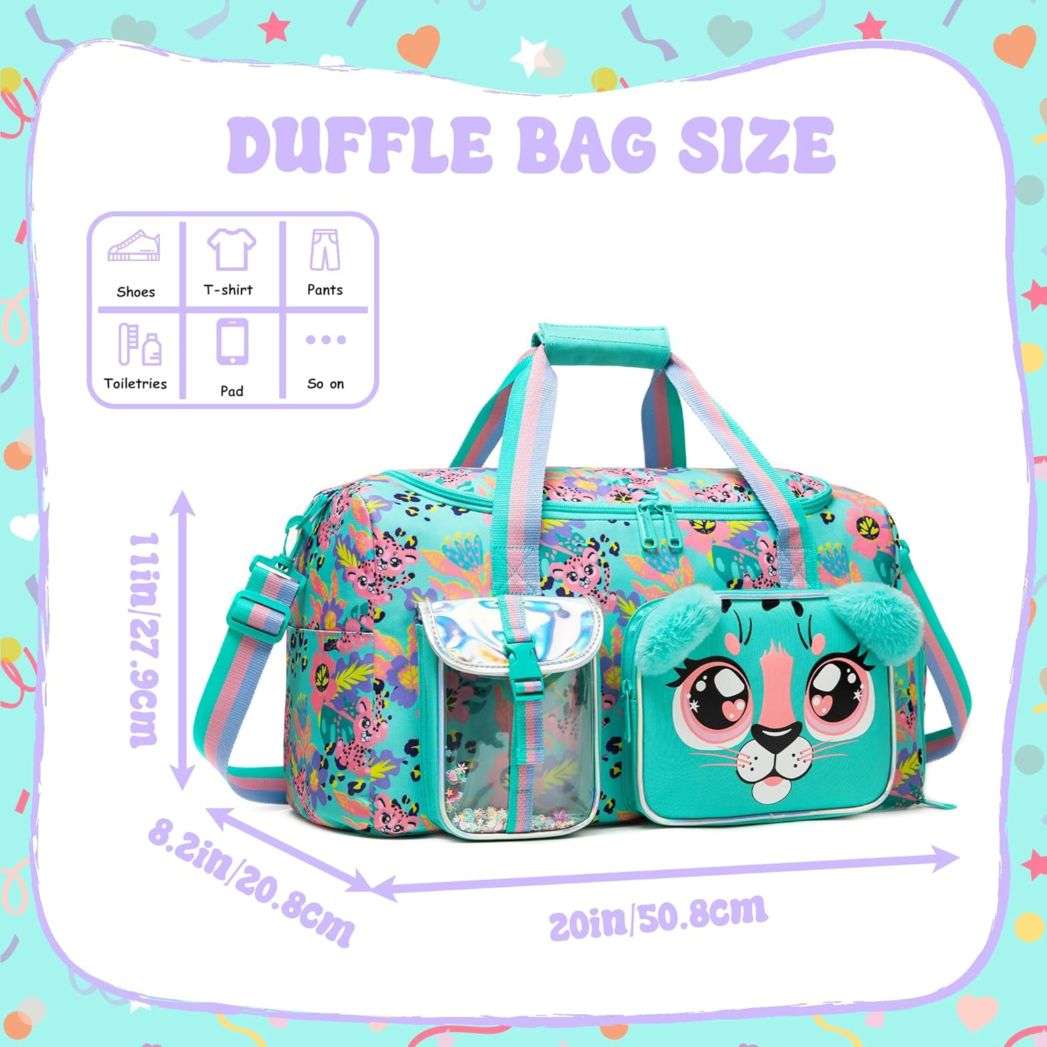 Duffle Bag for Kids Girls Travel Bag Dance Bag for Girls Boys Overnight Bag Kids Gym Bag, Green Leopard - Green Leopard image number 5