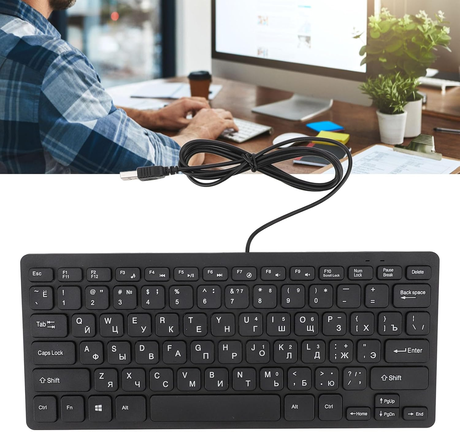 Ultra Slim Russian/Arabic English Bilingual Language Keyboard, 78 Key USB Wired with Scissor Switches, Plug and Play for Desktop PC (Russian)