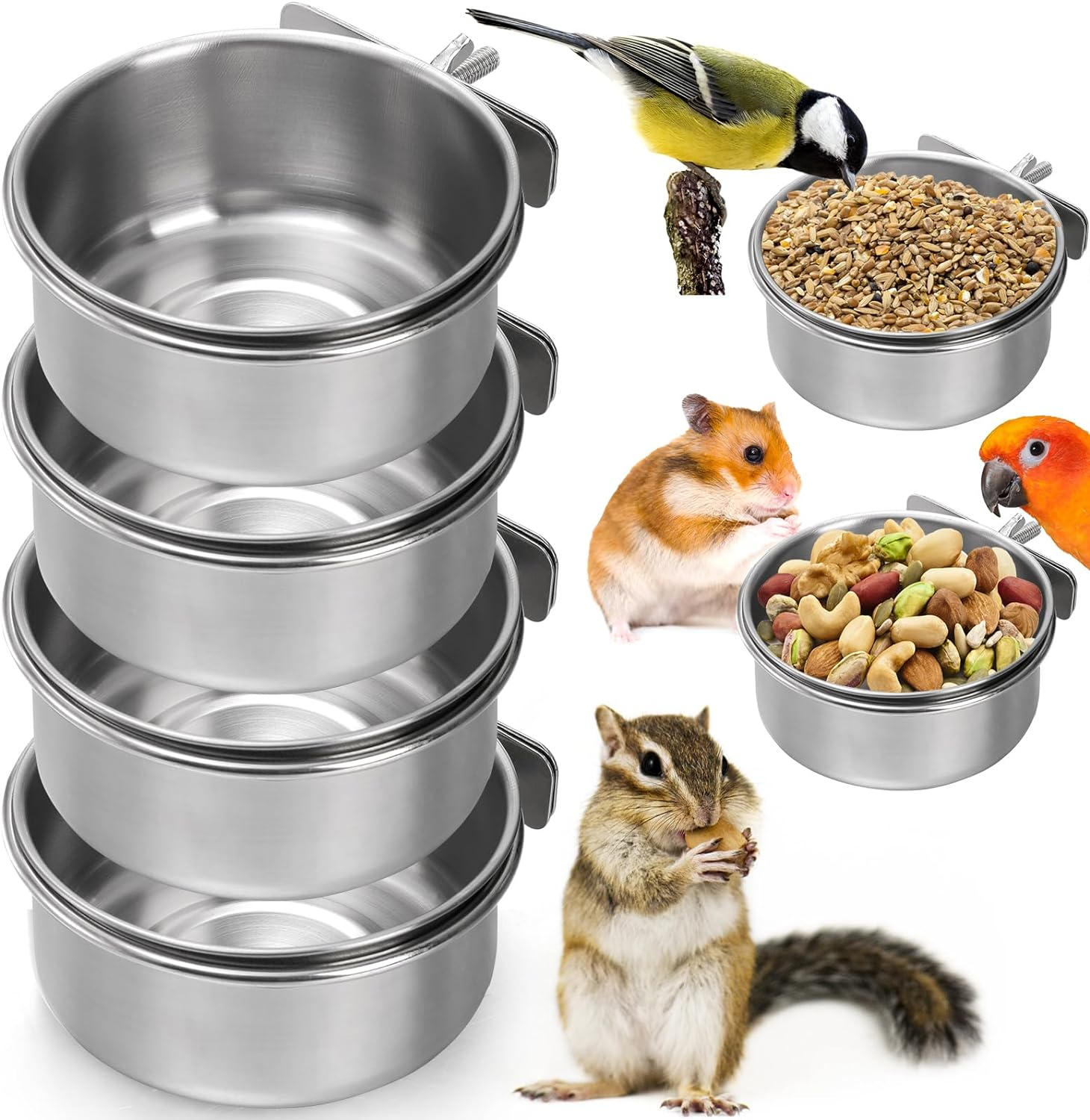 Okllen 4 Pack Bird Feeding Dish Cups, Detachable Stainless Steel Bird Food Bowls with Clamp, Bird Cage Feeder Hanging Pet Bowl for Chinchilla Parrot Cockatiel Conure Budgies Parakeet Small Animal image number 2