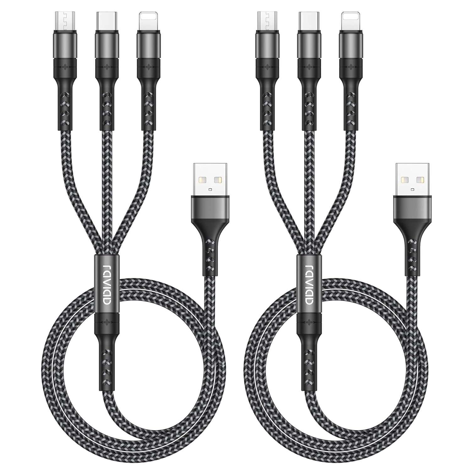 RAVIAD Multi Charger Cable, 3 in 1 Charger Cable [1.2M] Multiple USB Cable Nylon Braided with Micro USB Type C Lightning Cable Connector Compatible with Iphone, Android Galaxy, Huawei