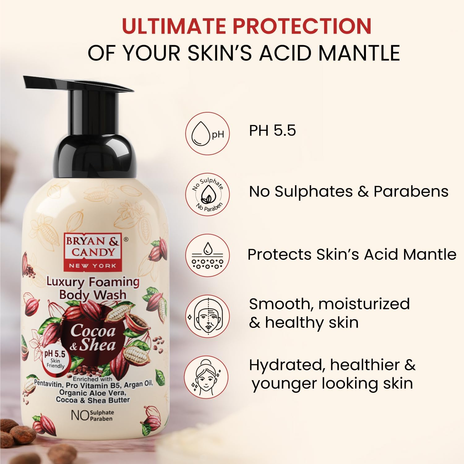 Bryan & Candy Cocoa Shea Luxury Foaming Body Wash with Pentavitin, Pro Vit B5, Argan Oil, Aloe Vera, Cocoa Shea Butter, Skin Friendly Ph 5.5, All Skin Types, 400 Ml image number 1
