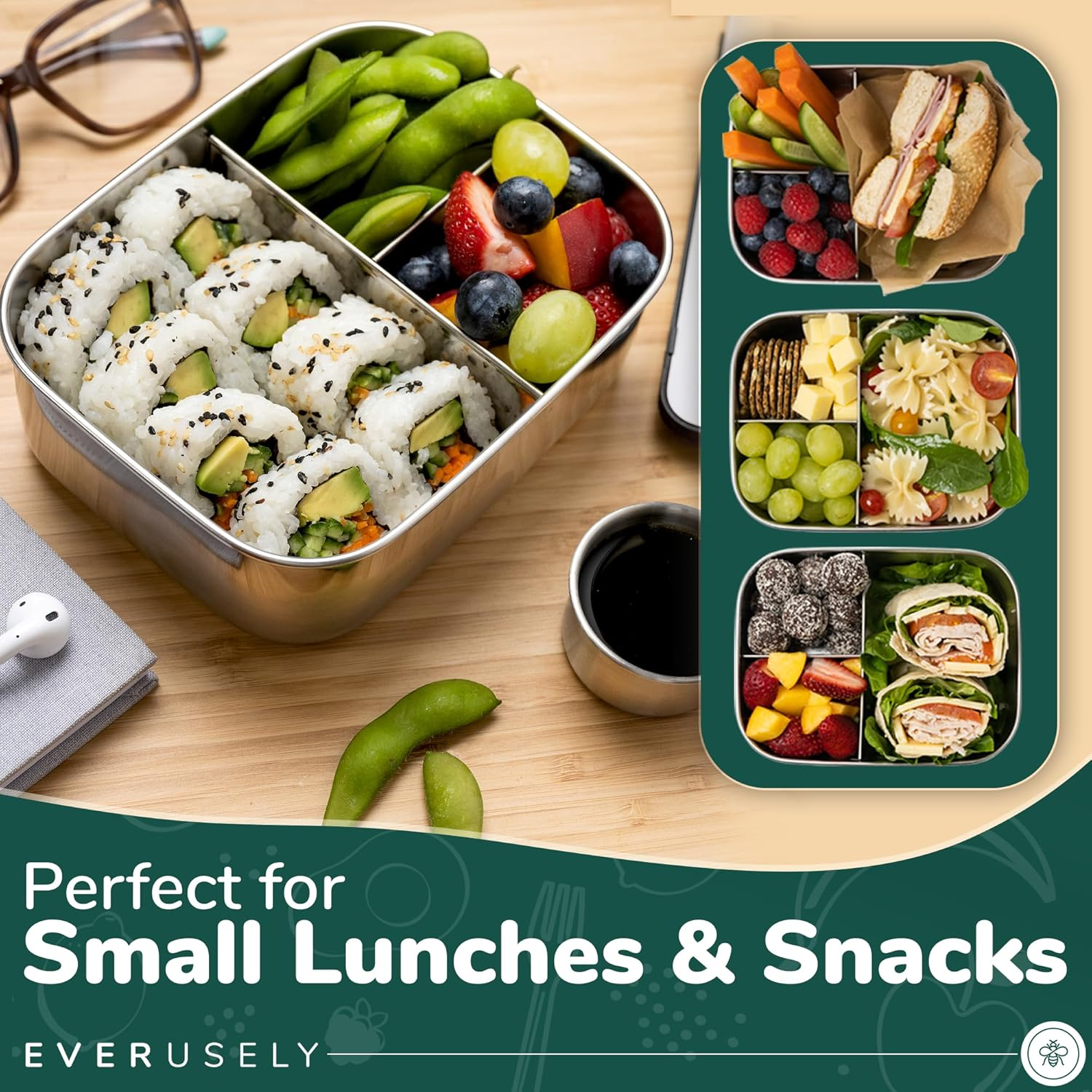 Everusely Small Stainless Steel Bento Box for Kids, 3 Compartment Metal Lunch Box with Bonus Leakproof Dip Container, Stainless Steel Lunch Containers, Eco Tiffin Lunch Box - Light Purple image number 7