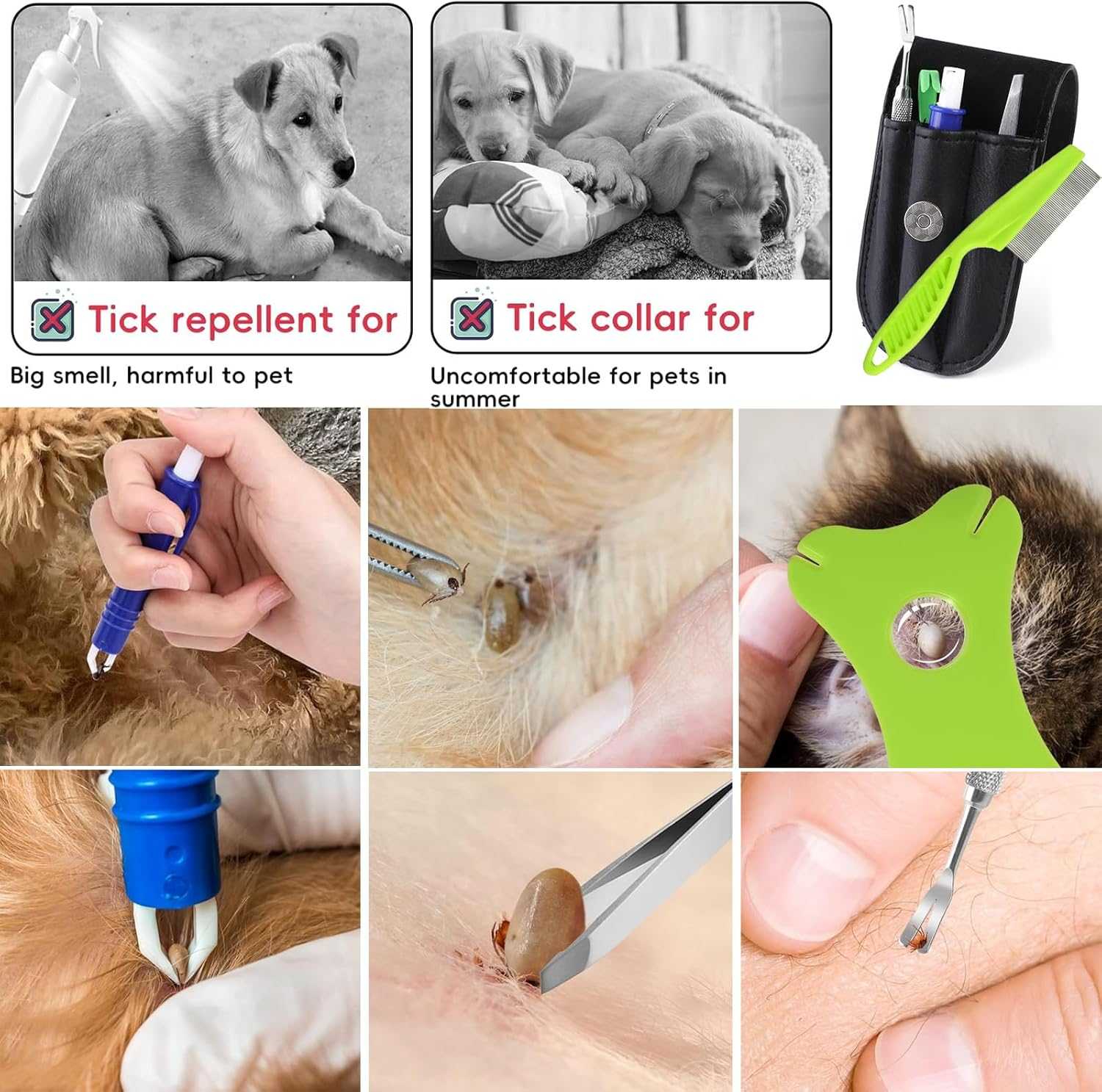 Vireeyu 7-Piece Stainless Steel Flea & Tick Removal Tool Set - Safe Tick Protection for Dogs, Cats, Pets & People - Includes Tick Tweezers, Hook, Card & More image number 2