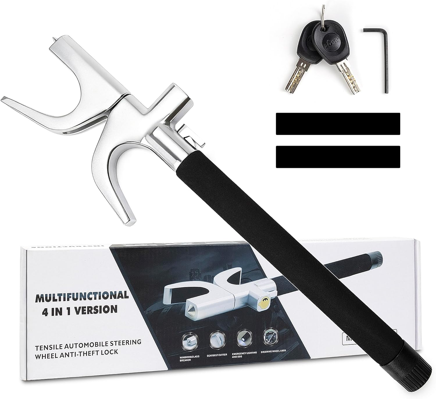 4-In-1 Steering Wheel Lock with Flashlight/Sos LED Ligth,Seat Belt Cutter,Escape Hammer,2 Keys Retractable Steering Lock,Vehicle Anti-Theft Lock，Universal for Auto/Truck/Suv/Van Black image number 4
