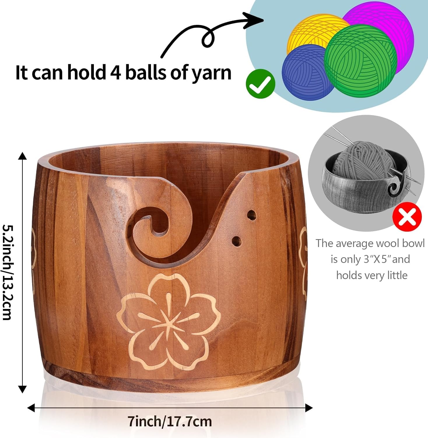 Yarn Bowl Large Size 5''X7'' Pine Wood Unique Design Crochet Bowl for Yarn Holder Knitting Crochet Macrame Craft Supplies, Gift for Knitting Lovers image number 5