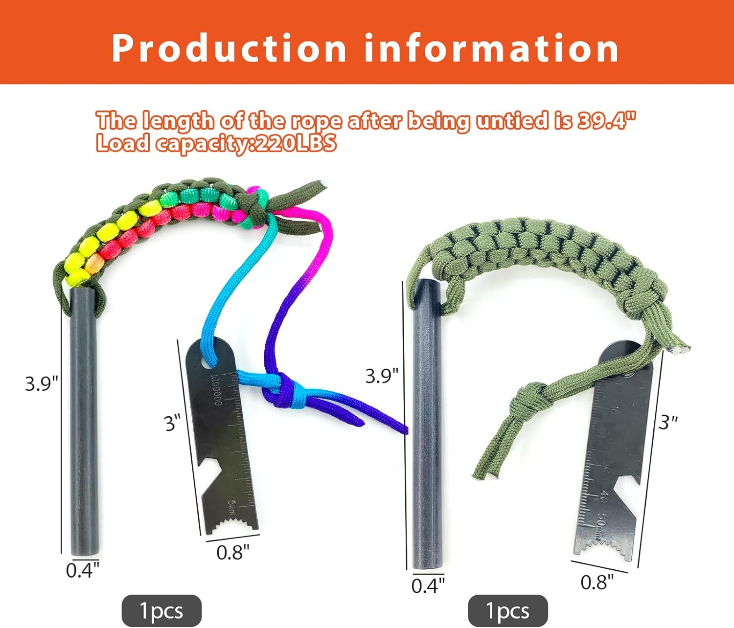 Fire Starter Survival Tool, 4 Inch Flint Steel Drilled Fire Starter 2Pcs with Paracord Lanyard Handle and Ruler for Emergency Survival, Hiking, Camping